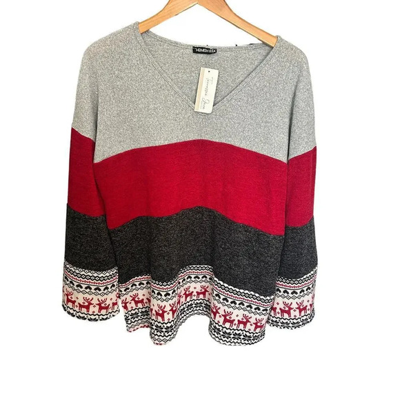 New Hemish USA Reindeer Fair Isle V Neck Holiday Sweater - Picture 1 of 5